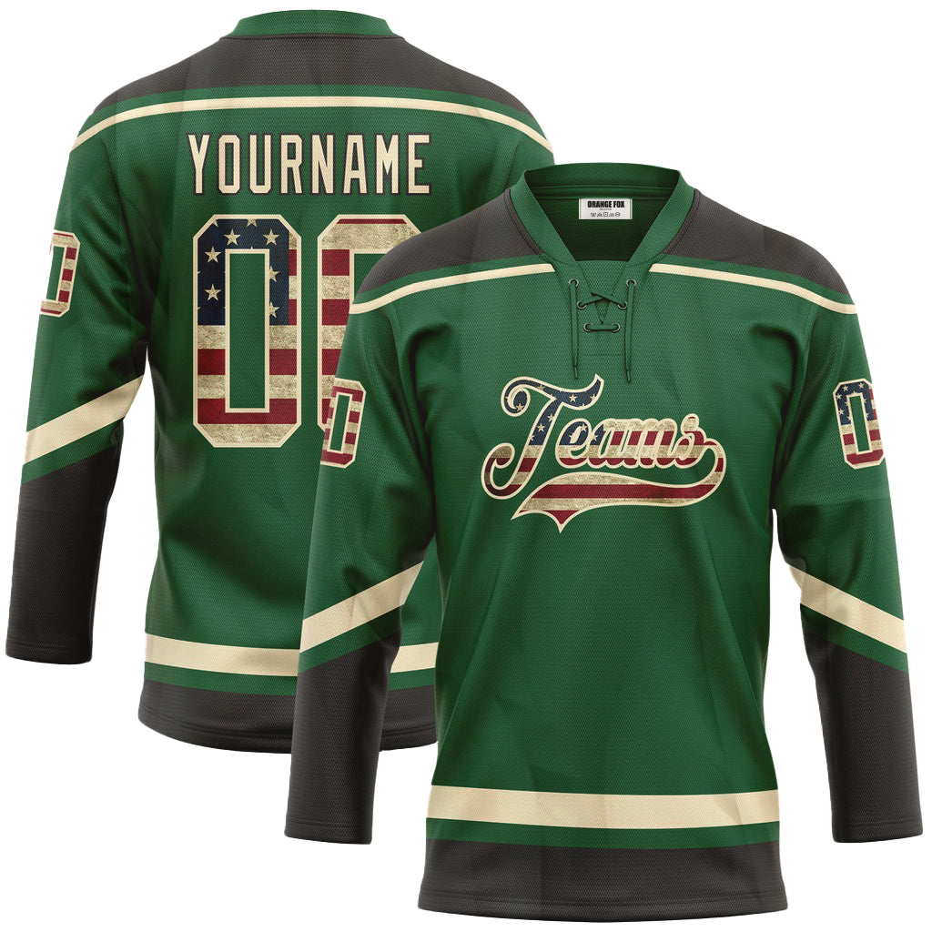 Custom Kelly Green Vintage USA Flag Cream-Black Neck Hockey Jersey For Men & Women