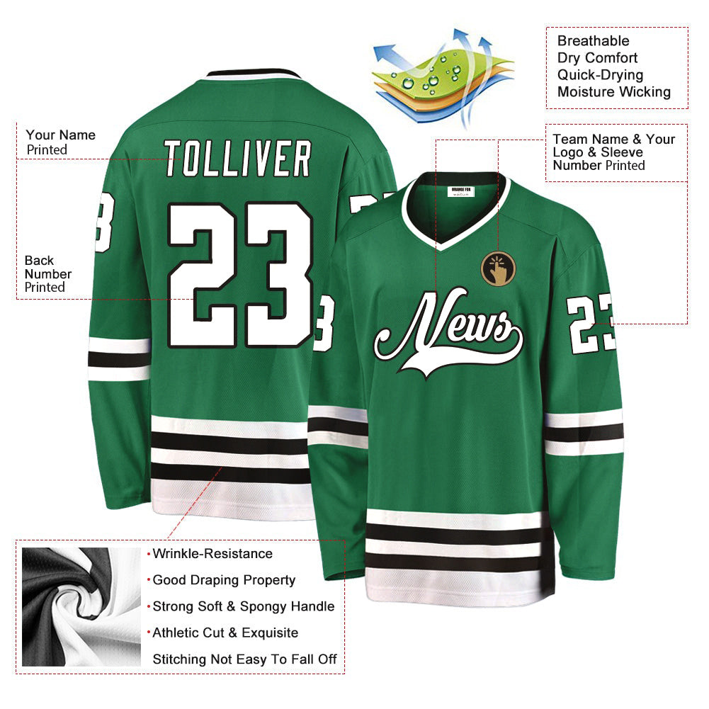 Custom Kelly Green White-Black V Neck Hockey Jersey For Men & Women