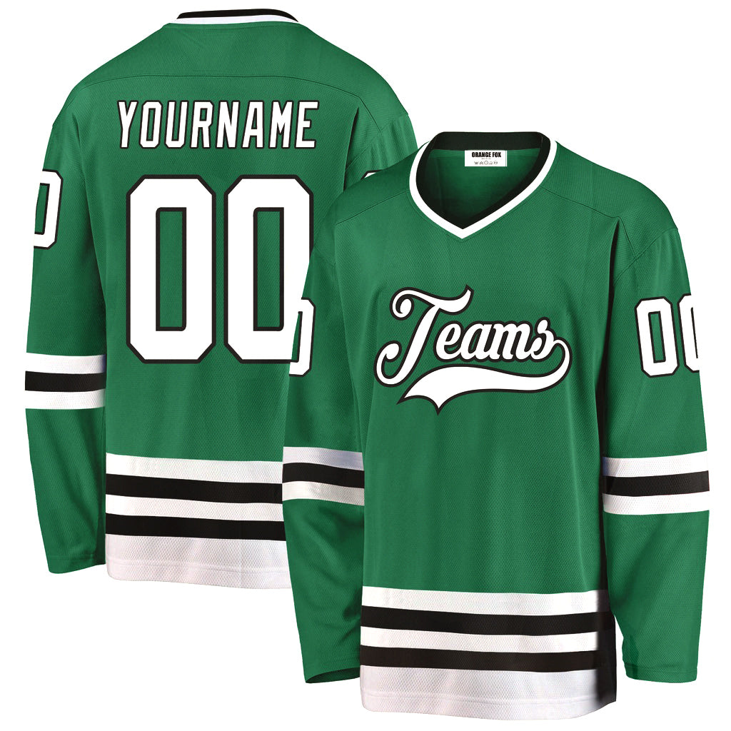 Custom Kelly Green White-Black V Neck Hockey Jersey For Men & Women