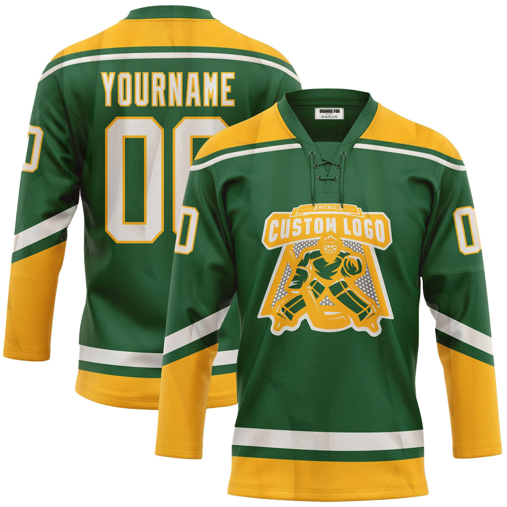 Custom Kelly Green White-Gold Neck Hockey Jersey For Men & Women