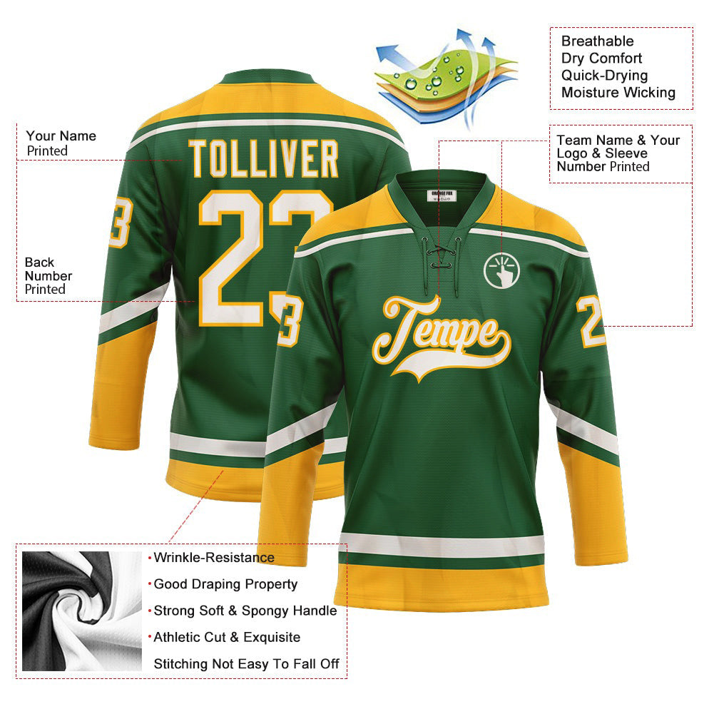 Custom Kelly Green White-Gold Neck Hockey Jersey For Men & Women