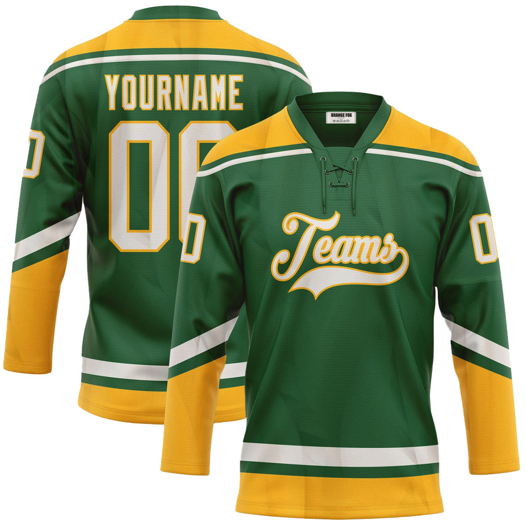 Custom Kelly Green White-Gold Neck Hockey Jersey For Men & Women