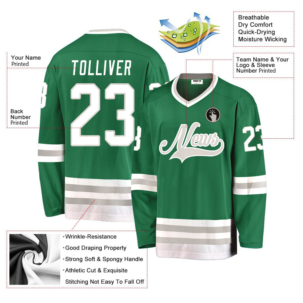 Custom Kelly Green White-Gray V Neck Hockey Jersey For Men & Women