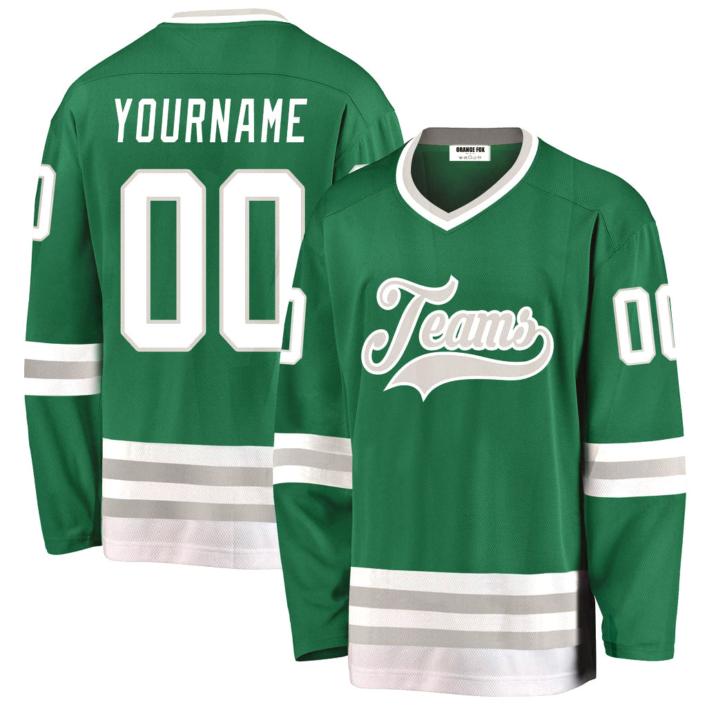 Custom Kelly Green White-Gray V Neck Hockey Jersey For Men & Women