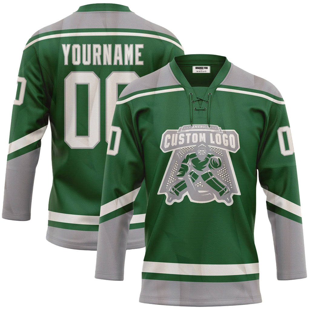 Custom Kelly Green White-Gray Neck Hockey Jersey For Men & Women