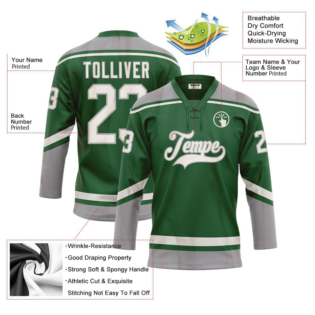 Custom Kelly Green White-Gray Neck Hockey Jersey For Men & Women