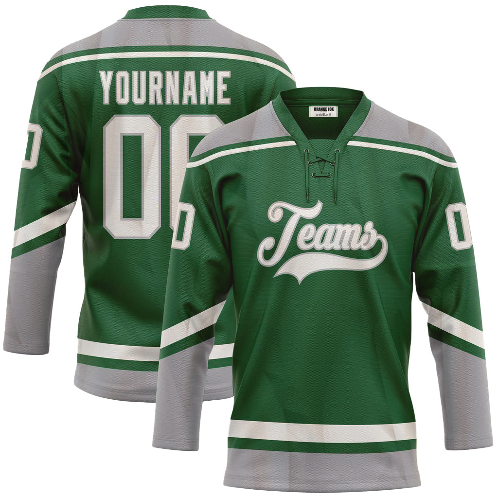 Custom Kelly Green White-Gray Neck Hockey Jersey For Men & Women