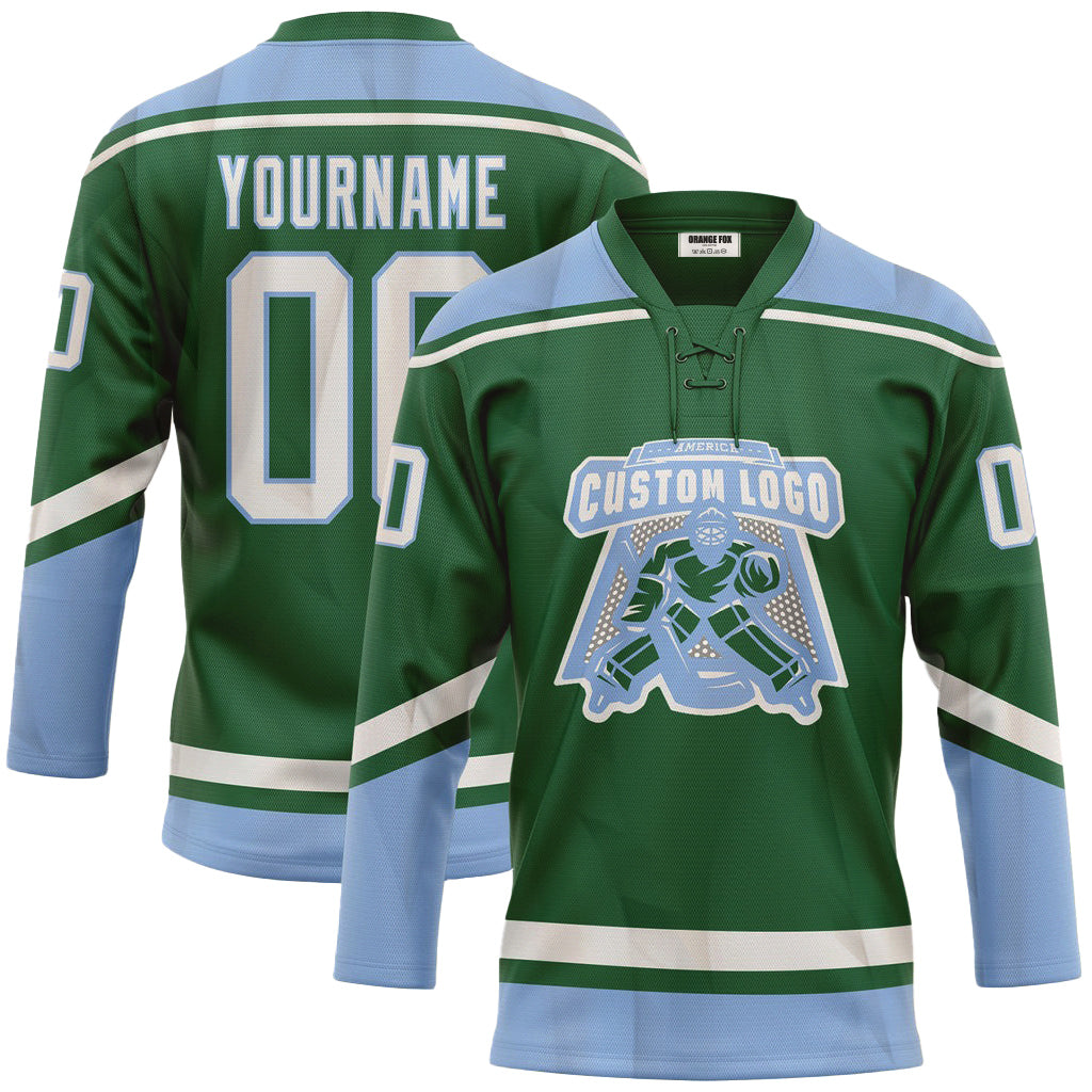 Custom Kelly Green White-Light Blue Neck Hockey Jersey For Men & Women