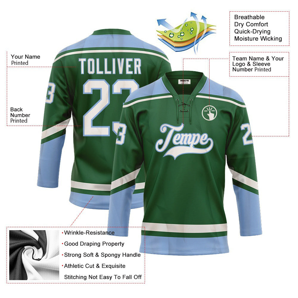 Custom Kelly Green White-Light Blue Neck Hockey Jersey For Men & Women