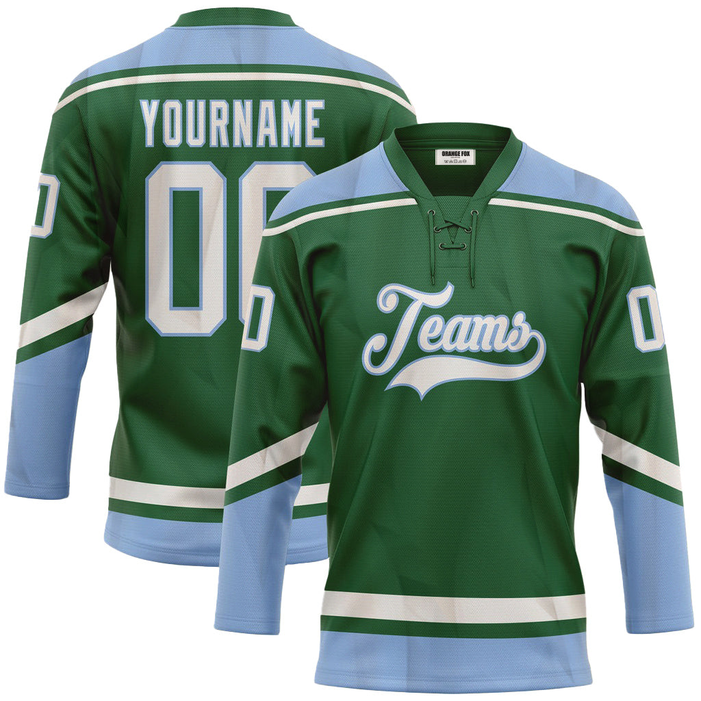 Custom Kelly Green White-Light Blue Neck Hockey Jersey For Men & Women