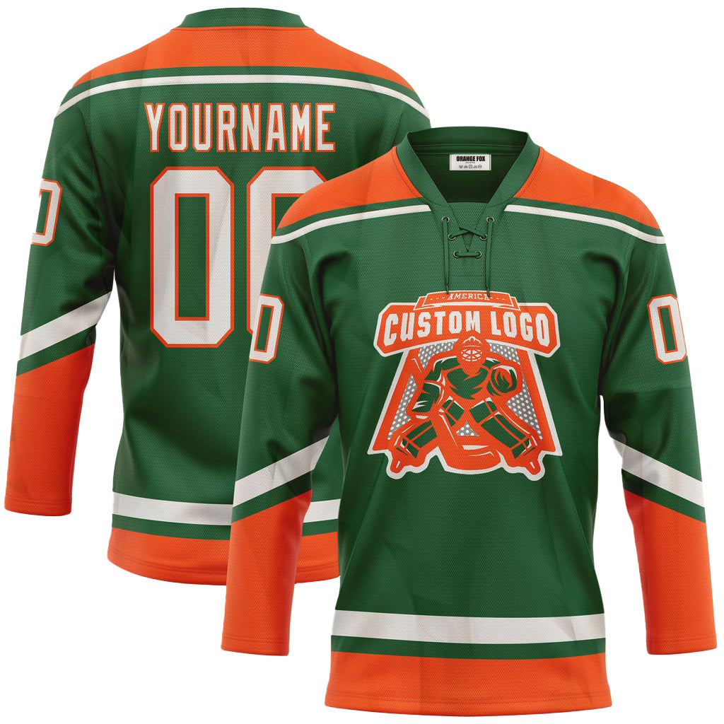 Custom Kelly Green White-Orange Neck Hockey Jersey For Men & Women