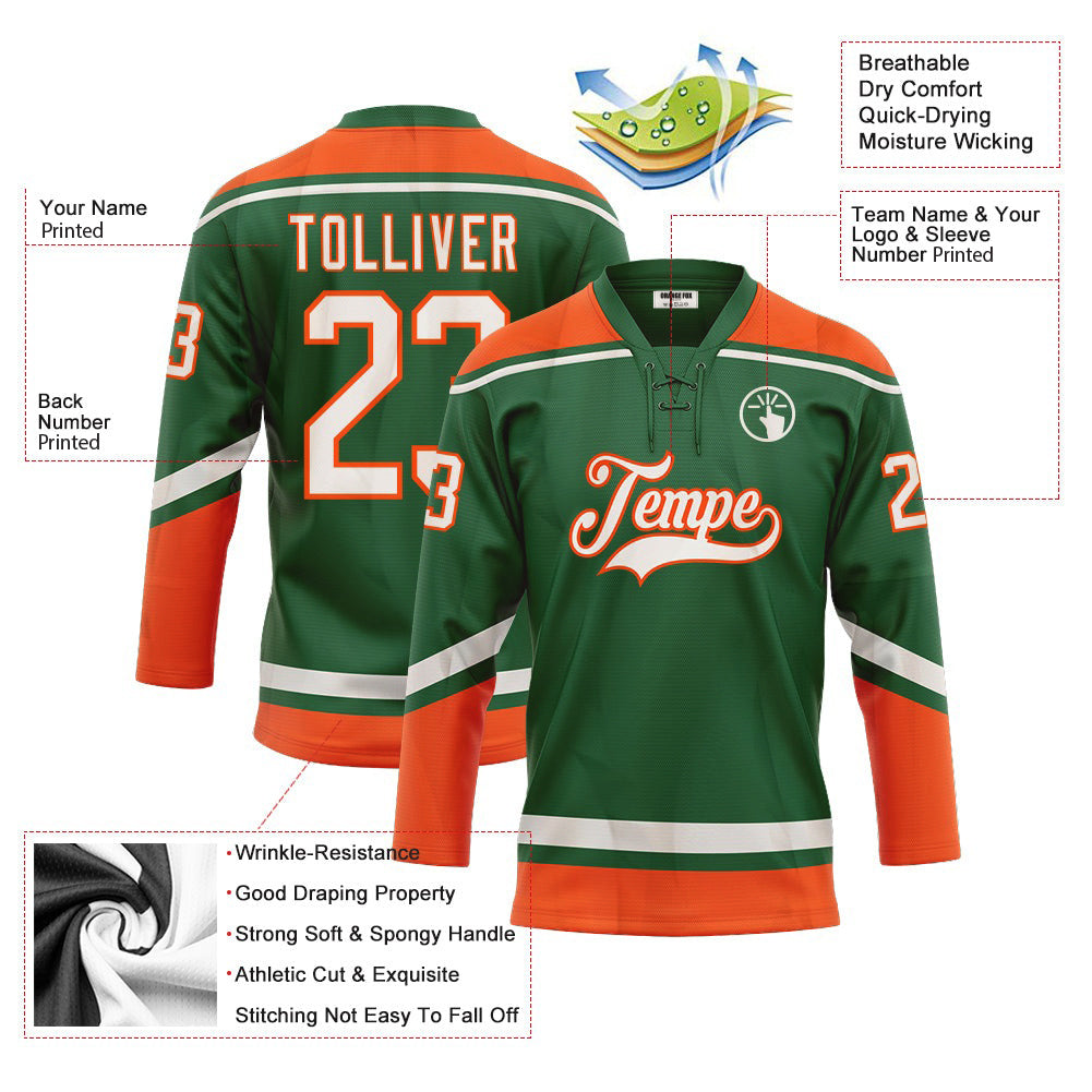 Custom Kelly Green White-Orange Neck Hockey Jersey For Men & Women