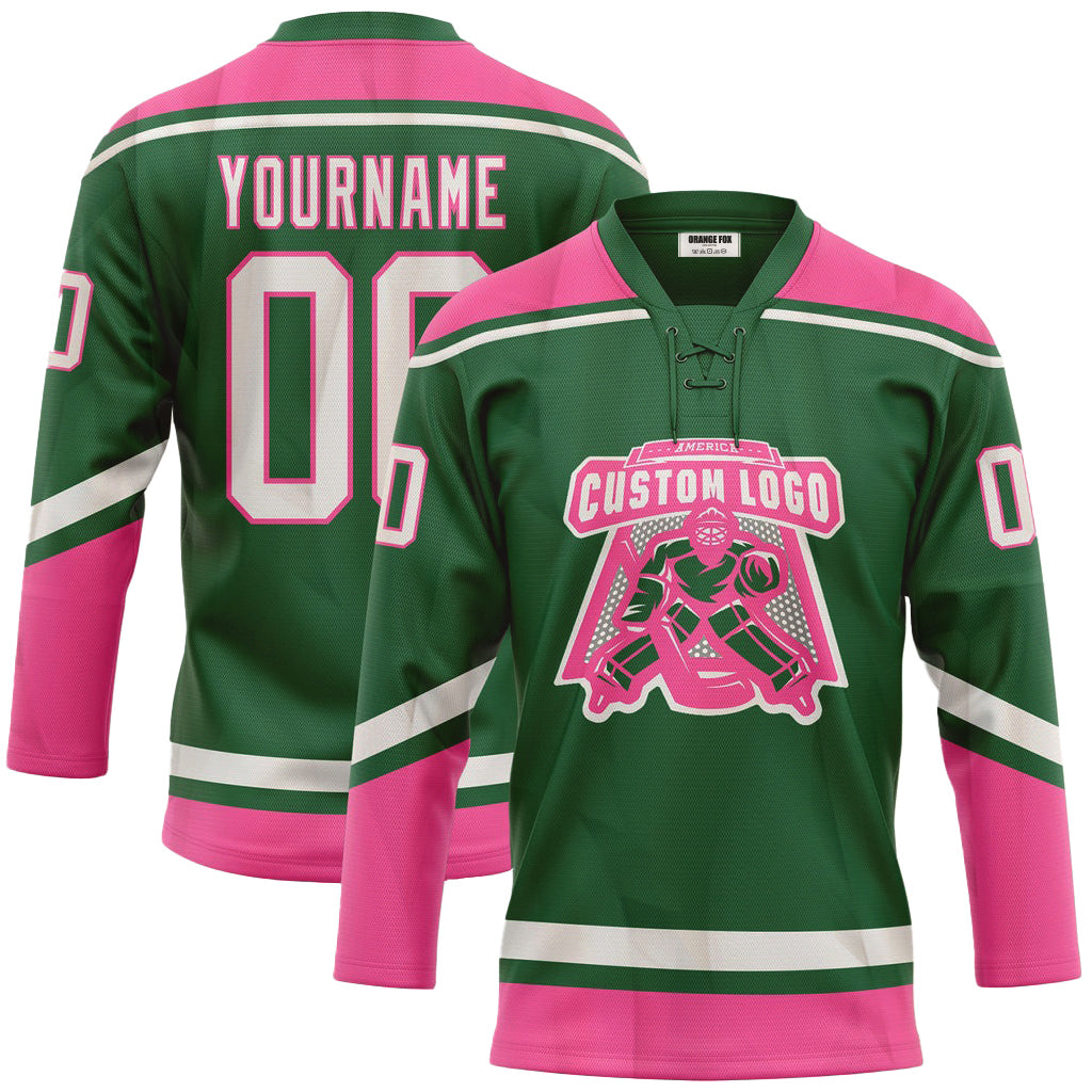 Custom Kelly Green White-Pink Neck Hockey Jersey For Men & Women