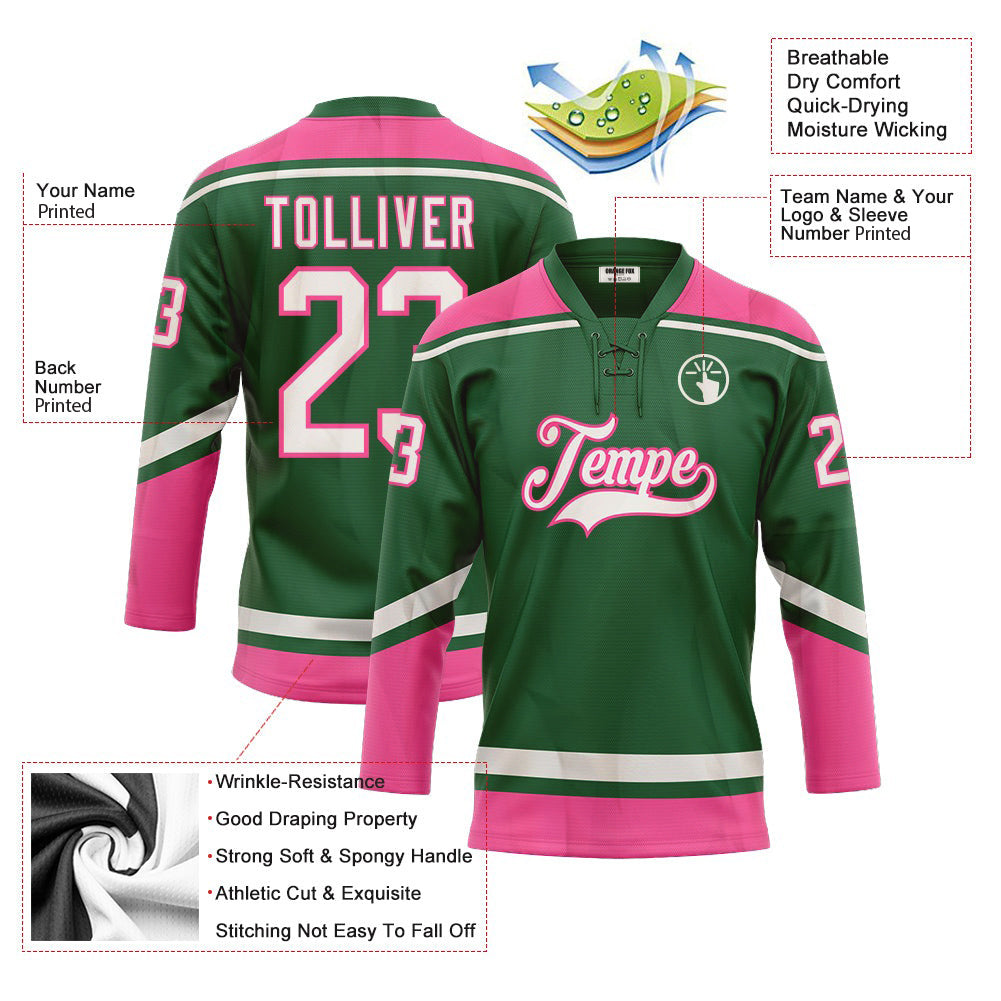 Custom Kelly Green White-Pink Neck Hockey Jersey For Men & Women