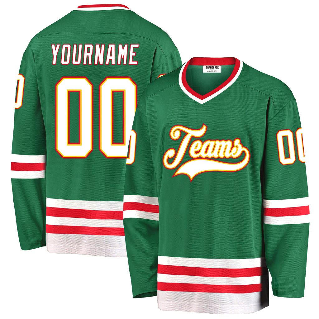 Custom Kelly Green White-Red V Neck Hockey Jersey For Men & Women