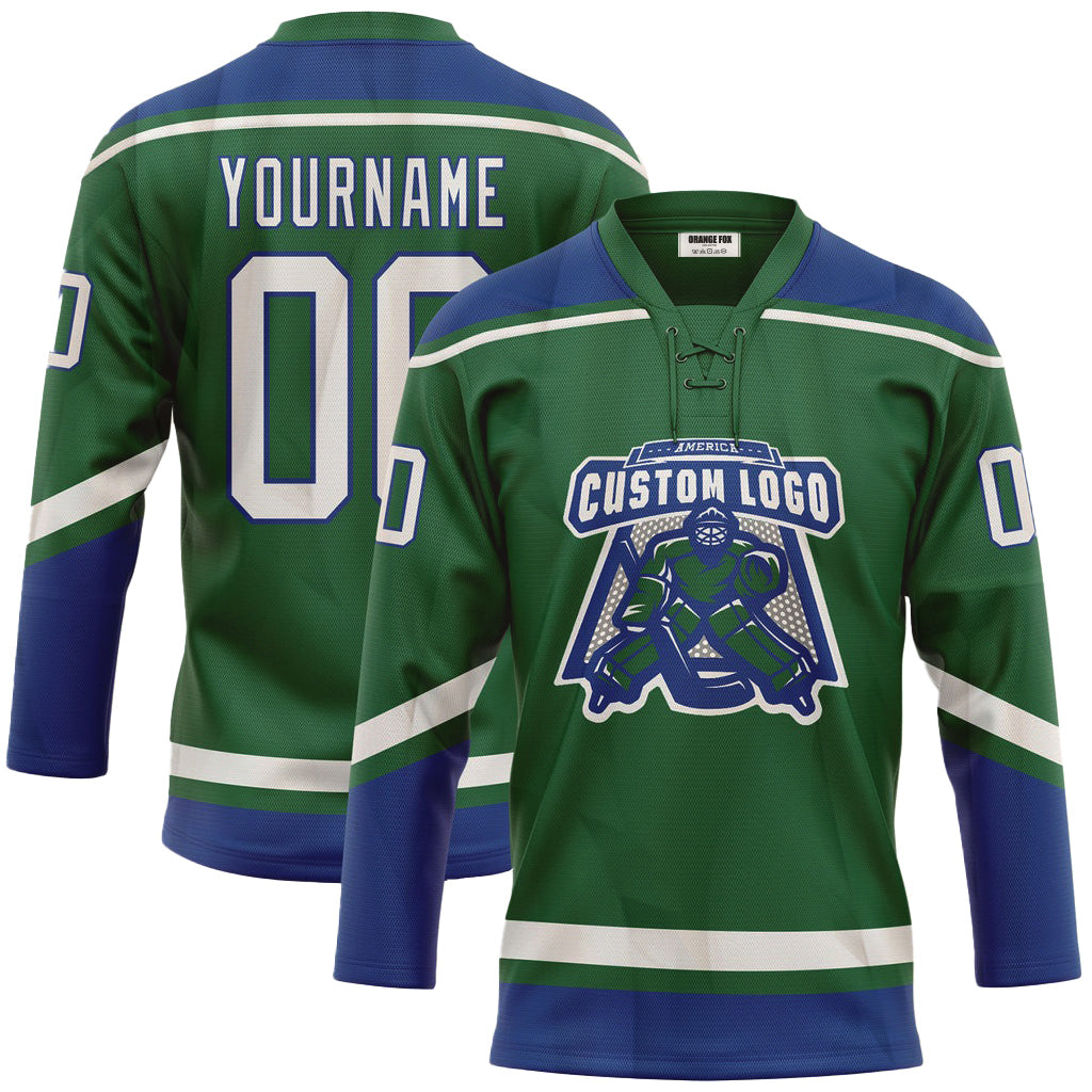 Custom Kelly Green White-Royal Neck Hockey Jersey For Men & Women