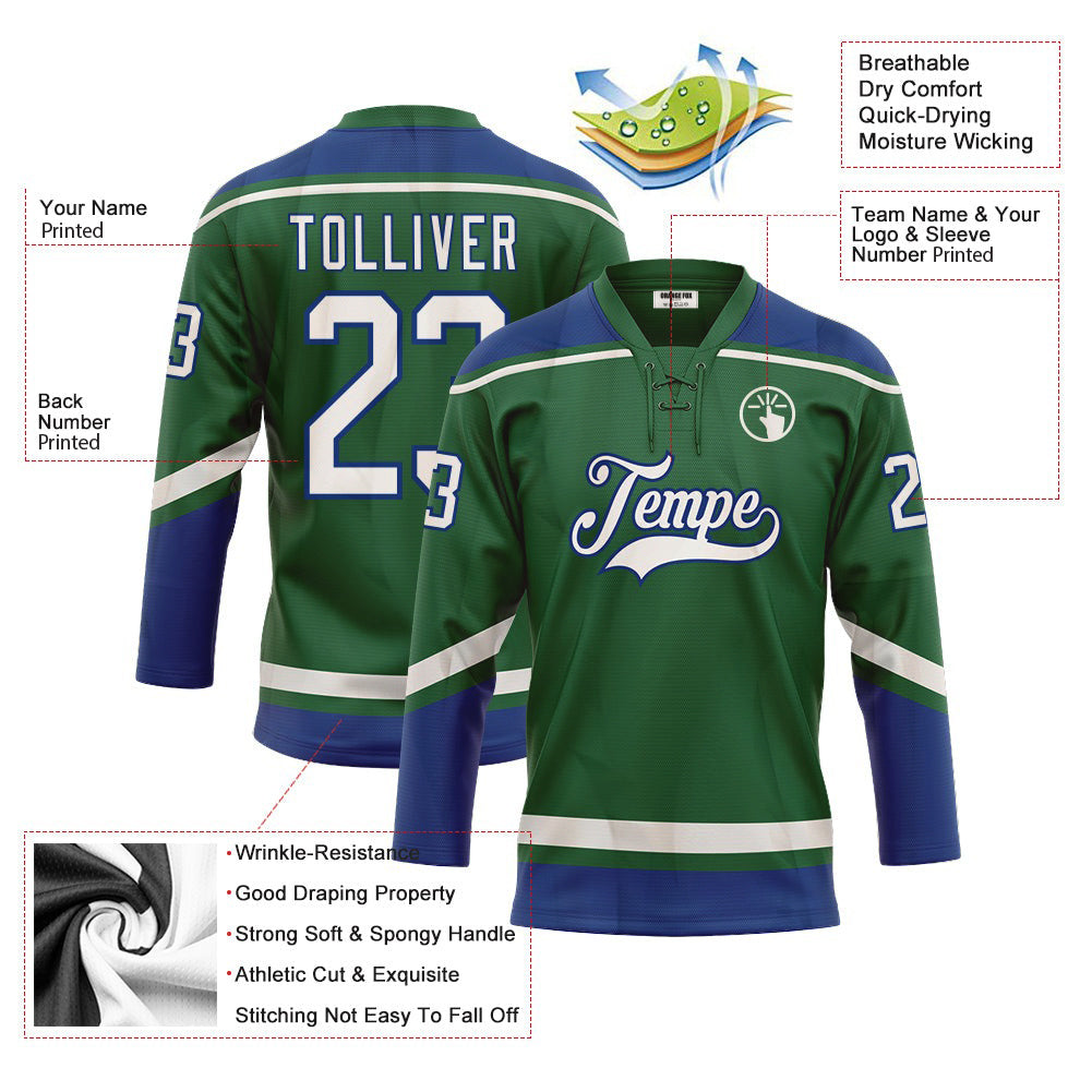 Custom Kelly Green White-Royal Neck Hockey Jersey For Men & Women