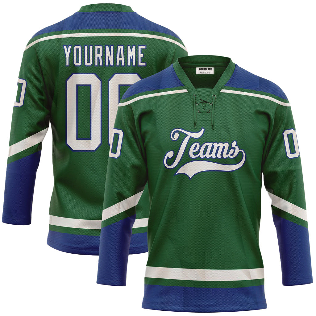 Custom Kelly Green White-Royal Neck Hockey Jersey For Men & Women