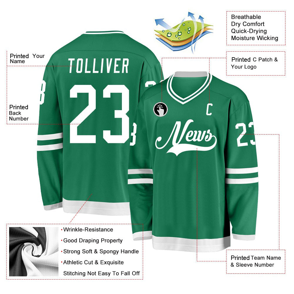 Custom Kelly Green White V Neck Hockey Jersey For Men & Women