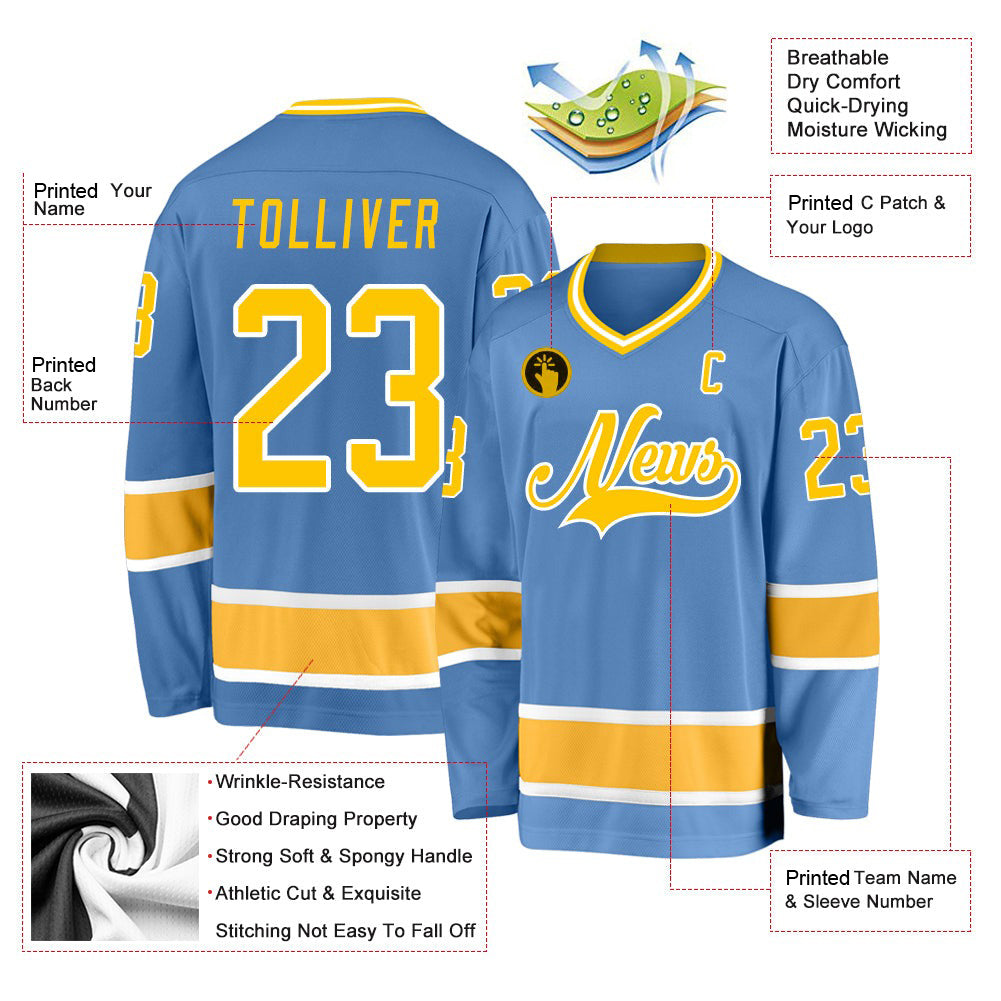 Custom Light Blue Gold-White V Neck Hockey Jersey For Men & Women