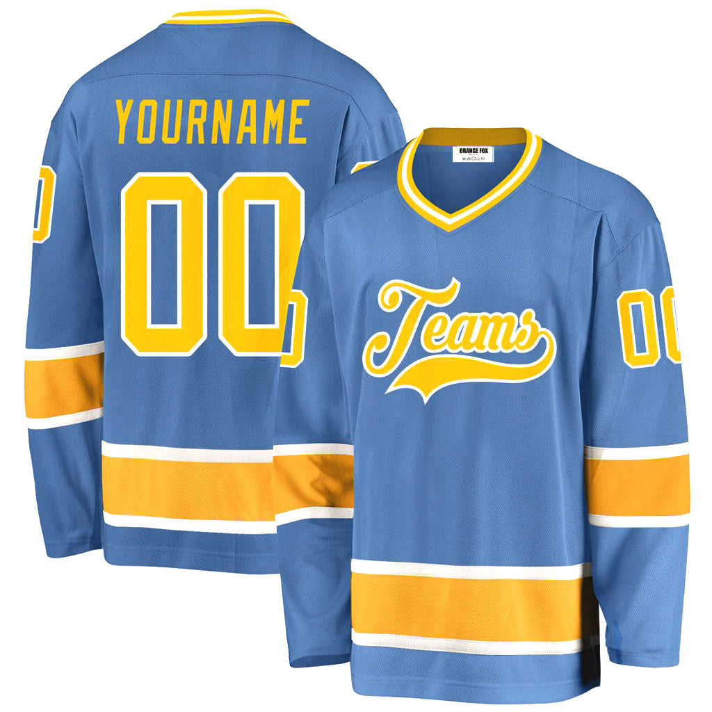 Custom Light Blue Gold-White V Neck Hockey Jersey For Men & Women