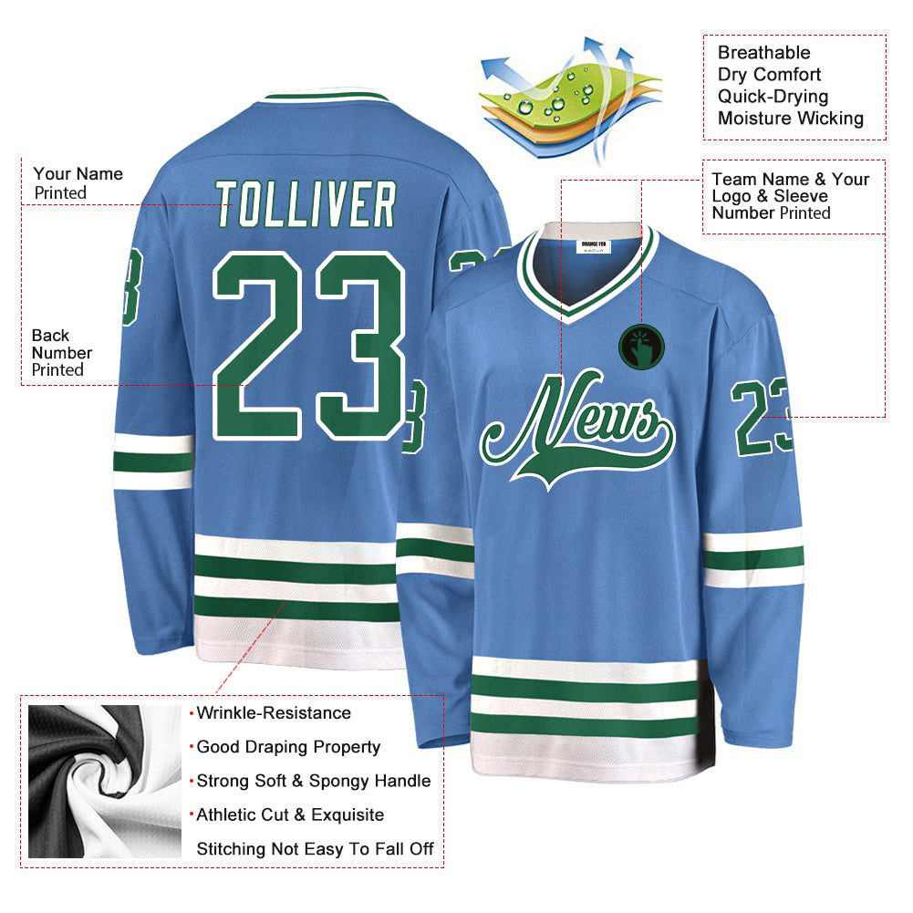 Custom Light Blue Kelly Green-White V Neck Hockey Jersey For Men & Women