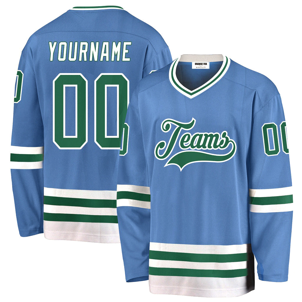 Custom Light Blue Kelly Green-White V Neck Hockey Jersey For Men & Women