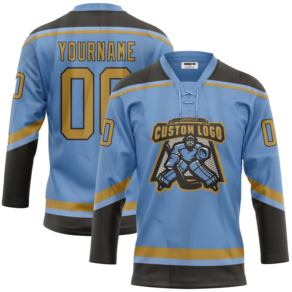 Custom Light Blue Old Gold-Black Neck Hockey Jersey For Men & Women