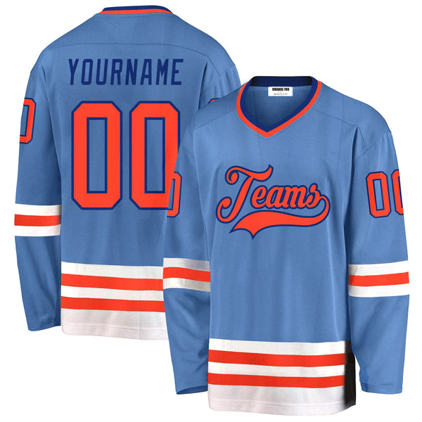 Custom Light Blue Orange-Royal V Neck Hockey Jersey