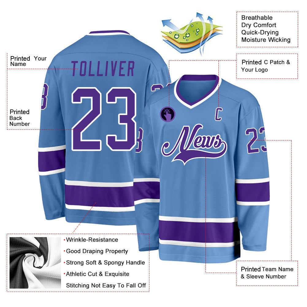 Custom Light Blue Purple-White V Neck Hockey Jersey For Men & Women