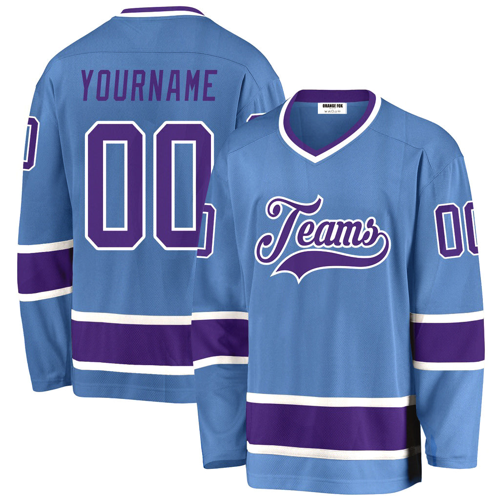 Custom Light Blue Purple-White V Neck Hockey Jersey For Men & Women