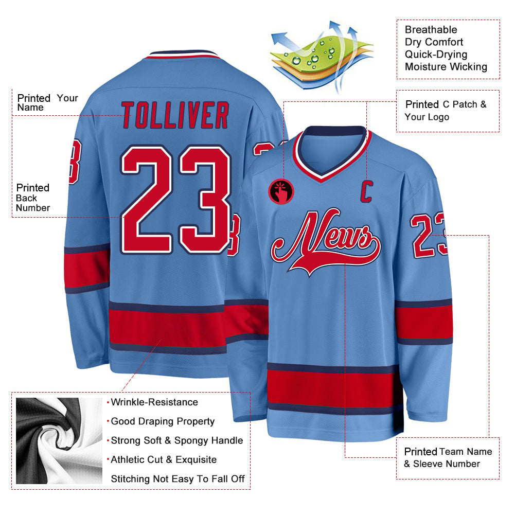 Custom Light Blue Red-Navy V Neck Hockey Jersey For Men & Women