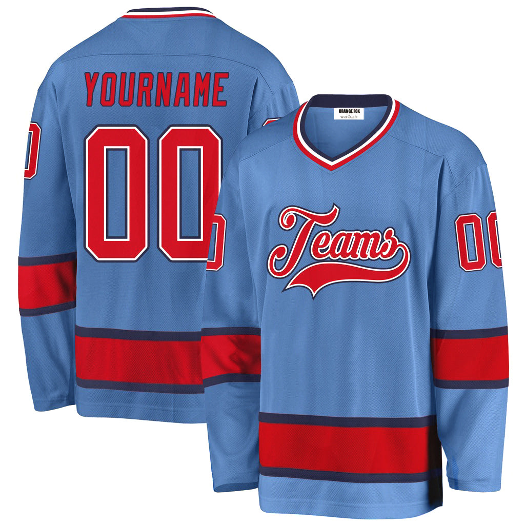 Custom Light Blue Red-Navy V Neck Hockey Jersey For Men & Women