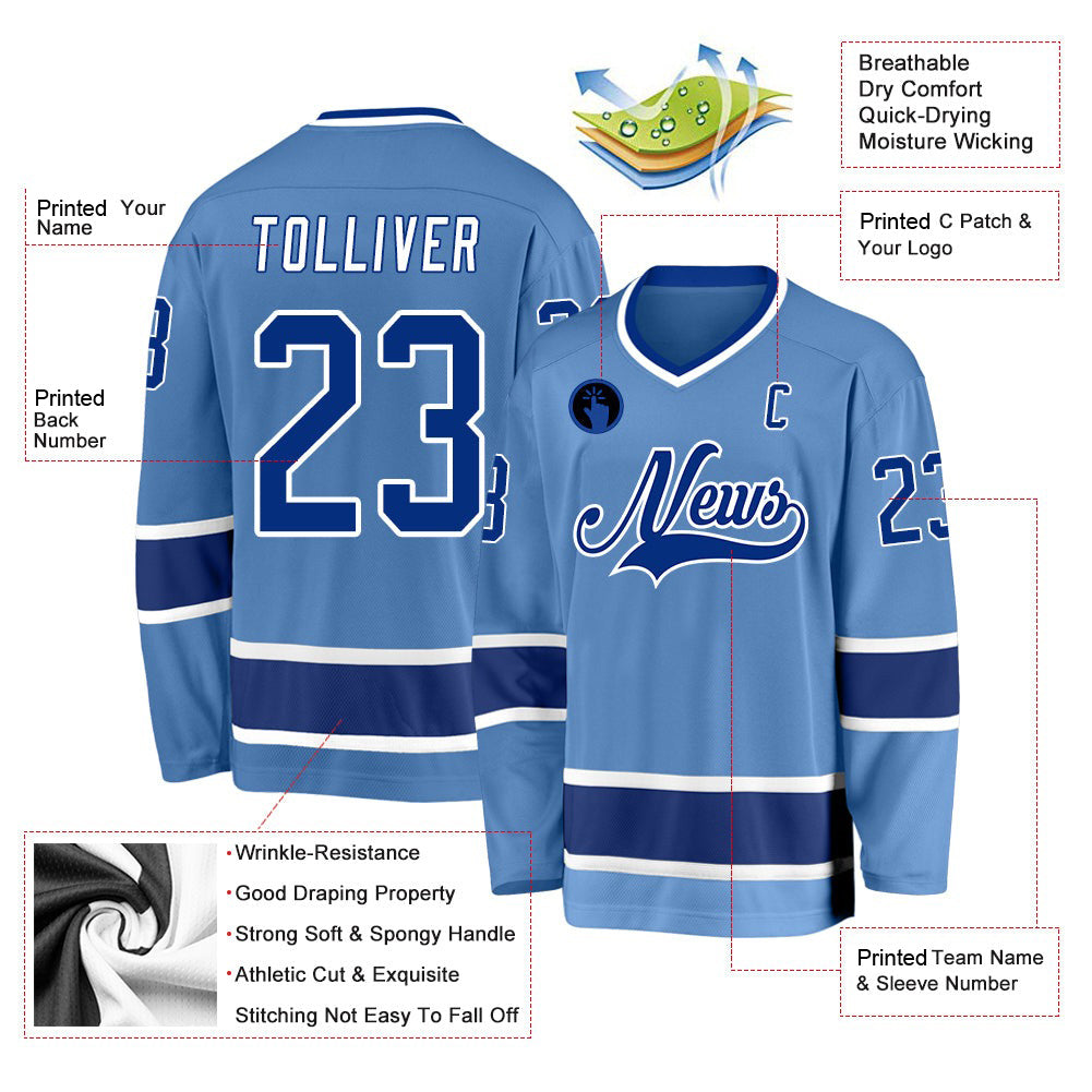 Custom Light Blue Royal-White V Neck Hockey Jersey For Men & Women