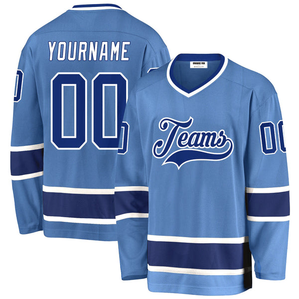 Custom Light Blue Royal-White V Neck Hockey Jersey For Men & Women