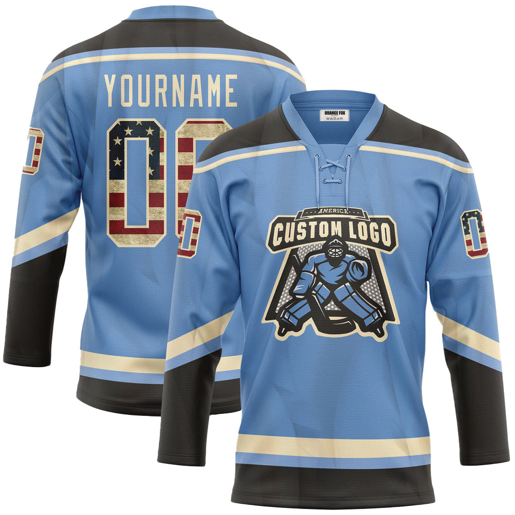 Custom Light Blue Vintage USA Flag Black-Cream Neck Hockey Jersey For Men & Women