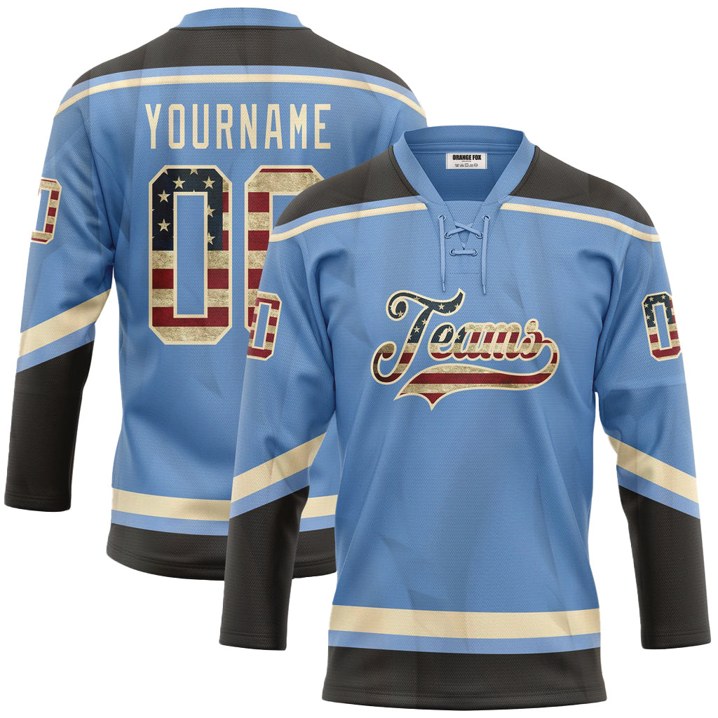 Custom Light Blue Vintage USA Flag Black-Cream Neck Hockey Jersey For Men & Women