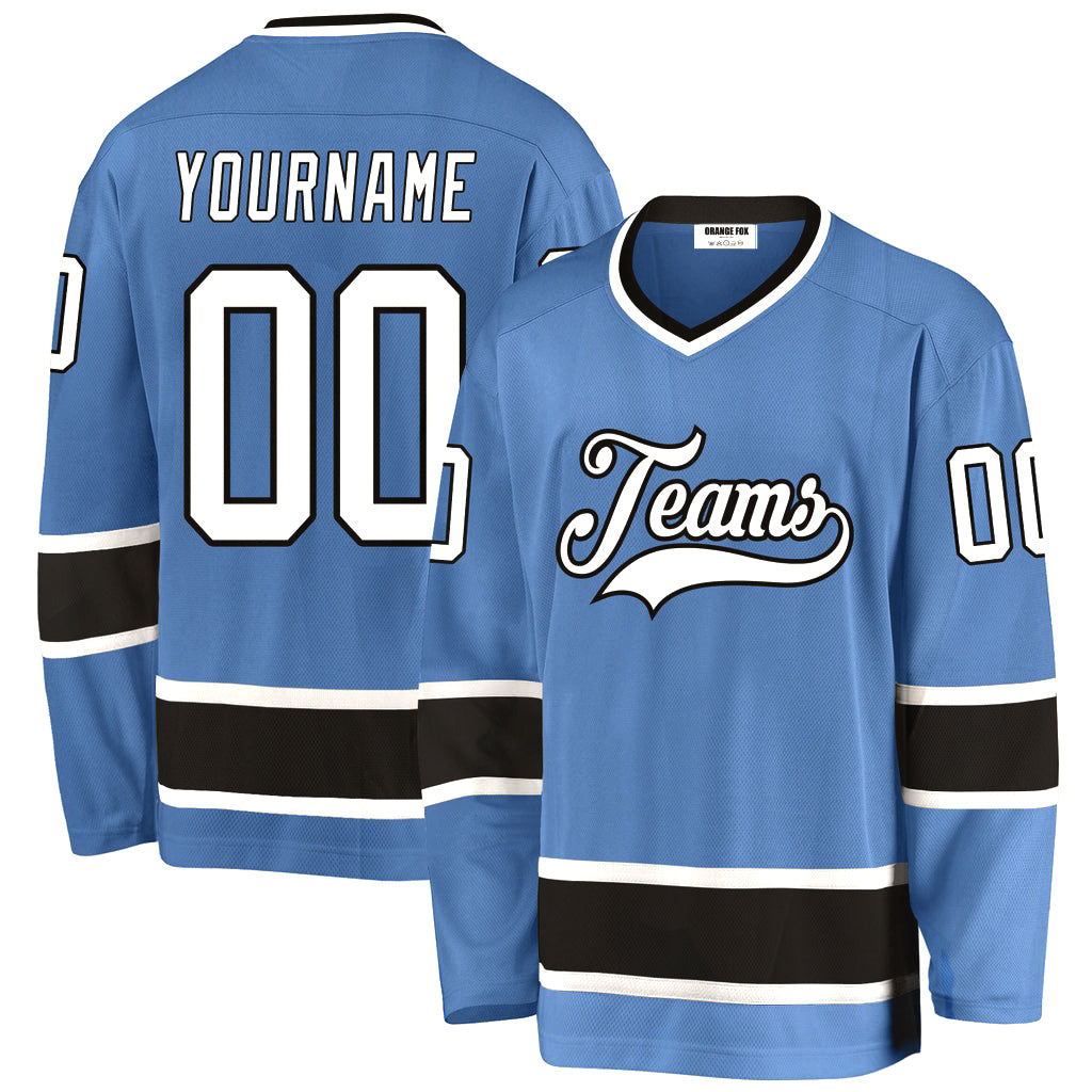 Custom Light Blue White-Black V Neck Hockey Jersey For Men & Women