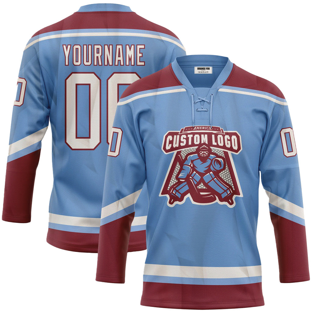 Custom Light Blue White-Crimson Neck Hockey Jersey For Men & Women