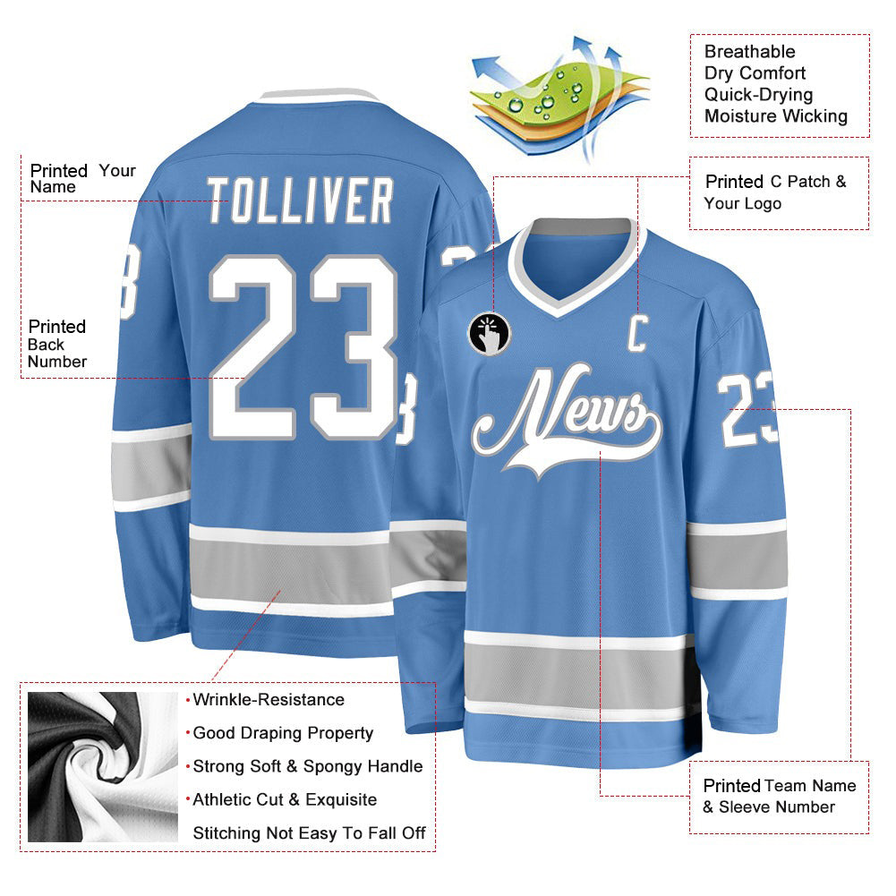 Custom Light Blue White-Gray V Neck Hockey Jersey For Men & Women