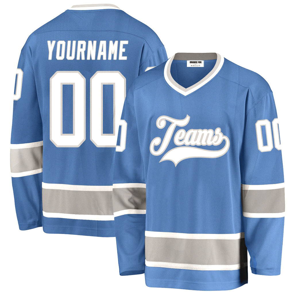 Custom Light Blue White-Gray V Neck Hockey Jersey For Men & Women