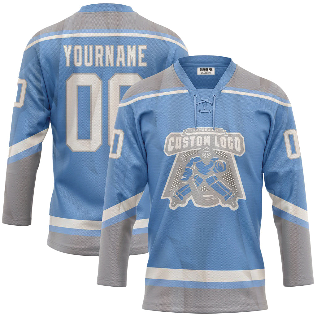 Custom Light Blue White-Gray Neck Hockey Jersey For Men & Women