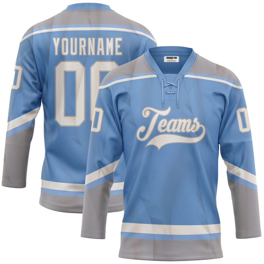 Custom Light Blue White-Gray Neck Hockey Jersey For Men & Women