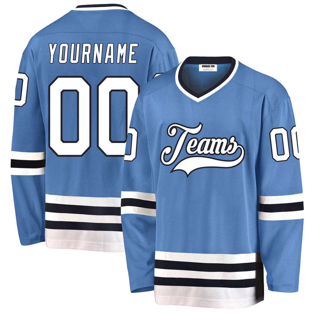 Custom Light Blue White-Navy V Neck Hockey Jersey For Men & Women