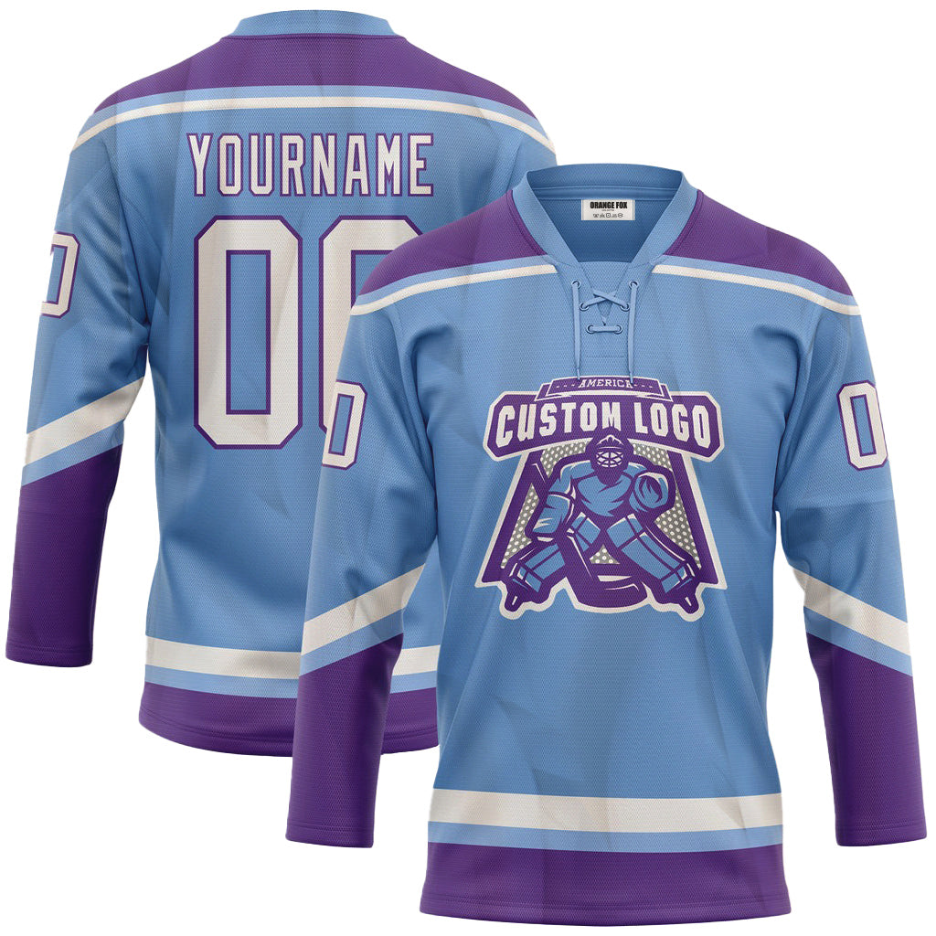 Custom Light Blue White-Purple Neck Hockey Jersey For Men & Women