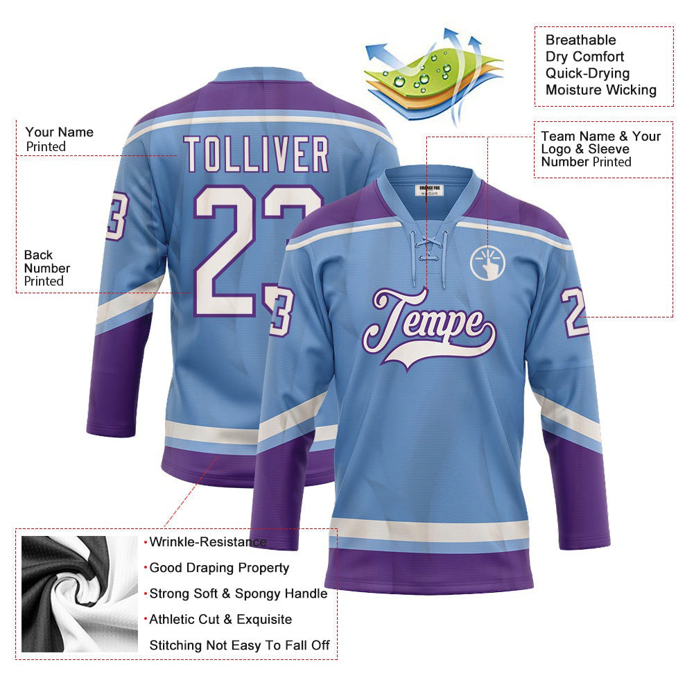 Custom Light Blue White-Purple Neck Hockey Jersey For Men & Women