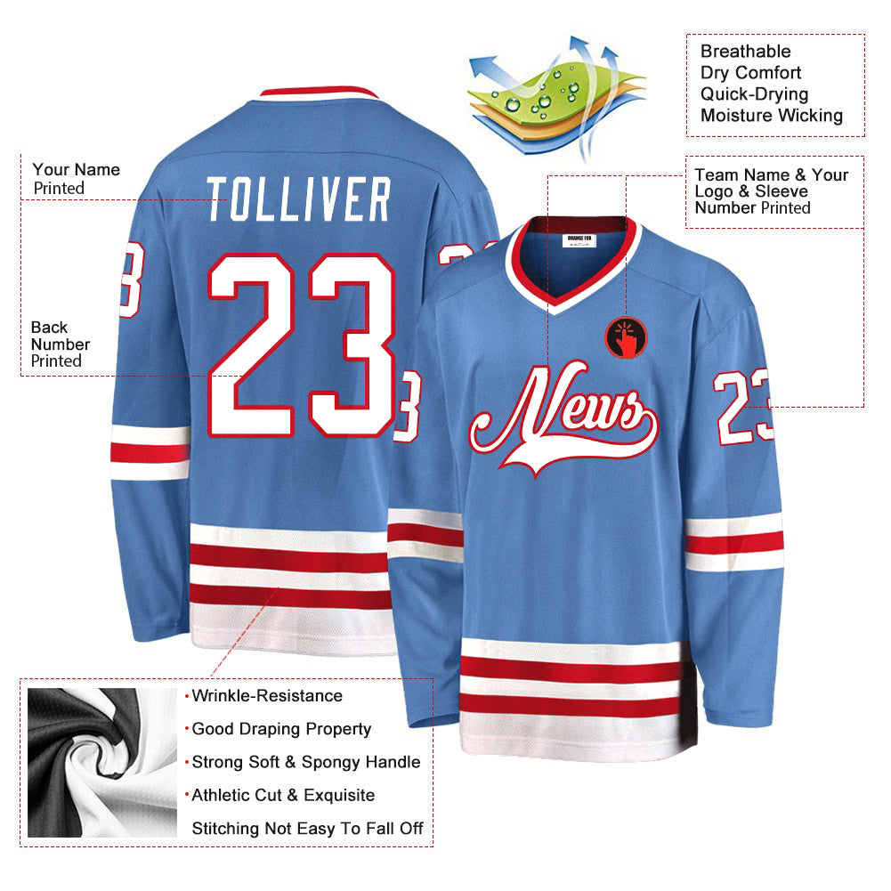 Custom Light Blue White-Red V Neck Hockey Jersey For Men & Women