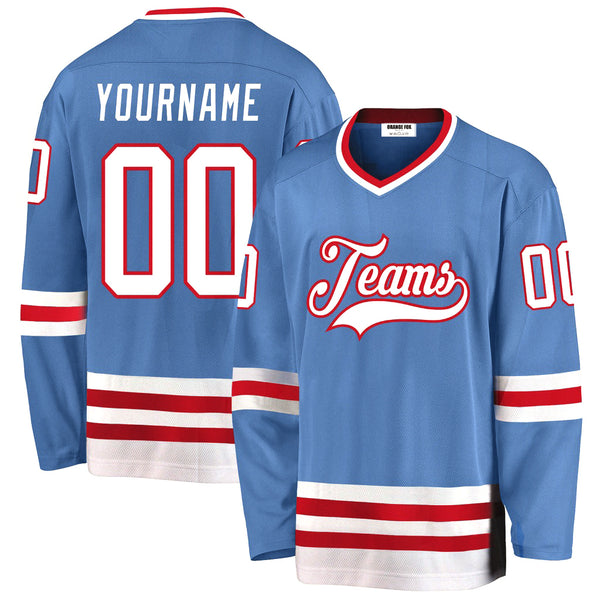 Custom Light Blue White-Red V Neck Hockey Jersey For Men & Women