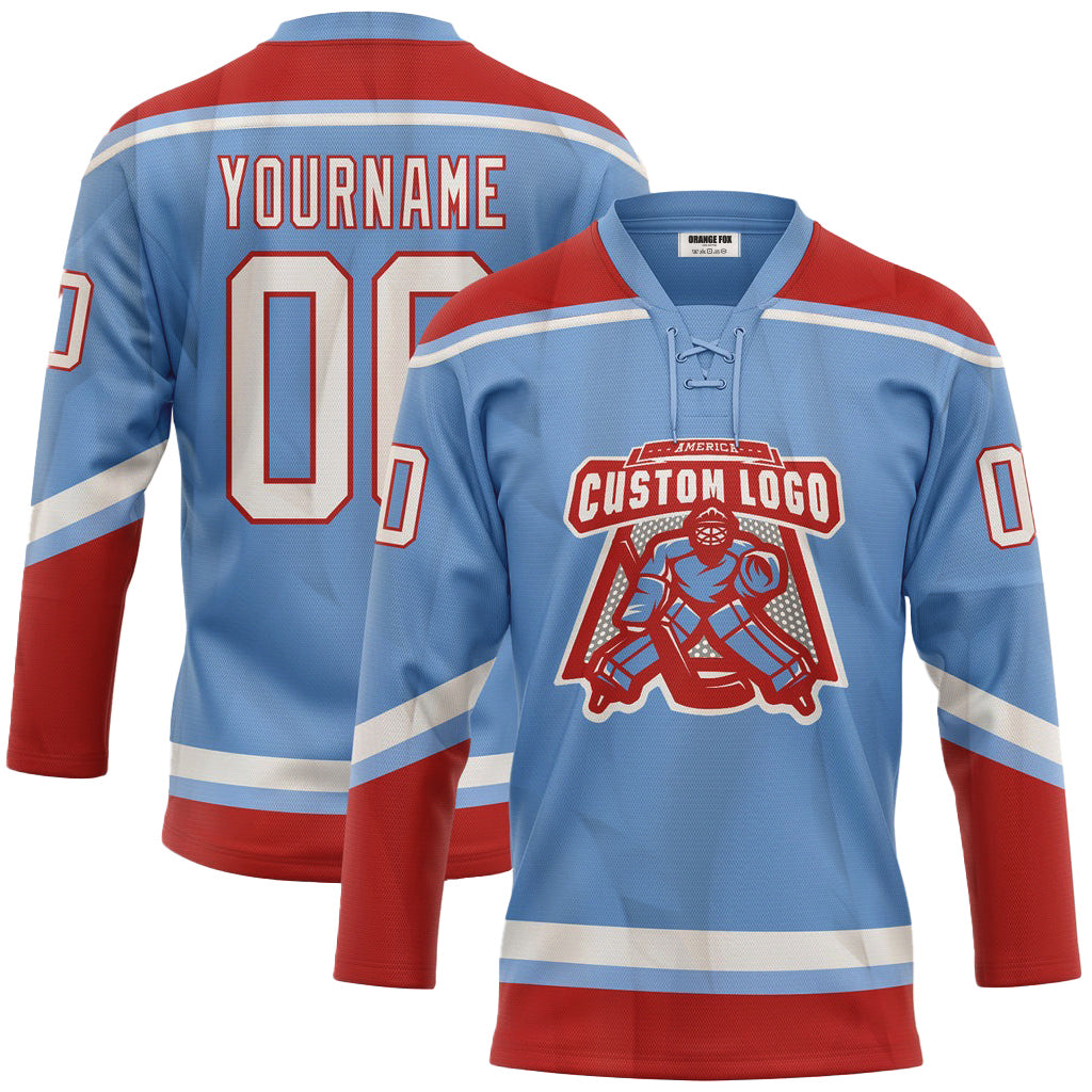 Custom Light Blue White-Red Neck Hockey Jersey For Men & Women