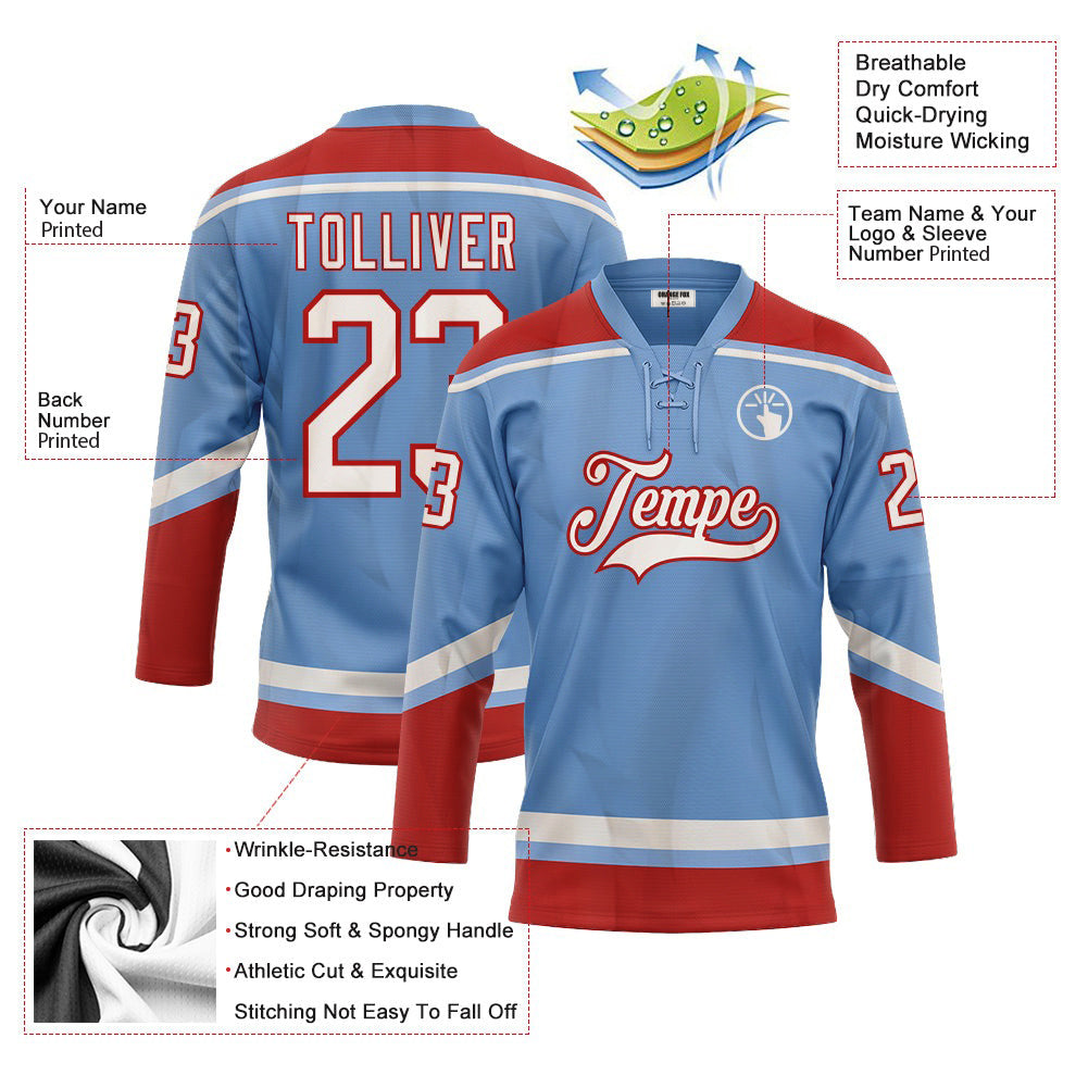 Custom Light Blue White-Red Neck Hockey Jersey For Men & Women